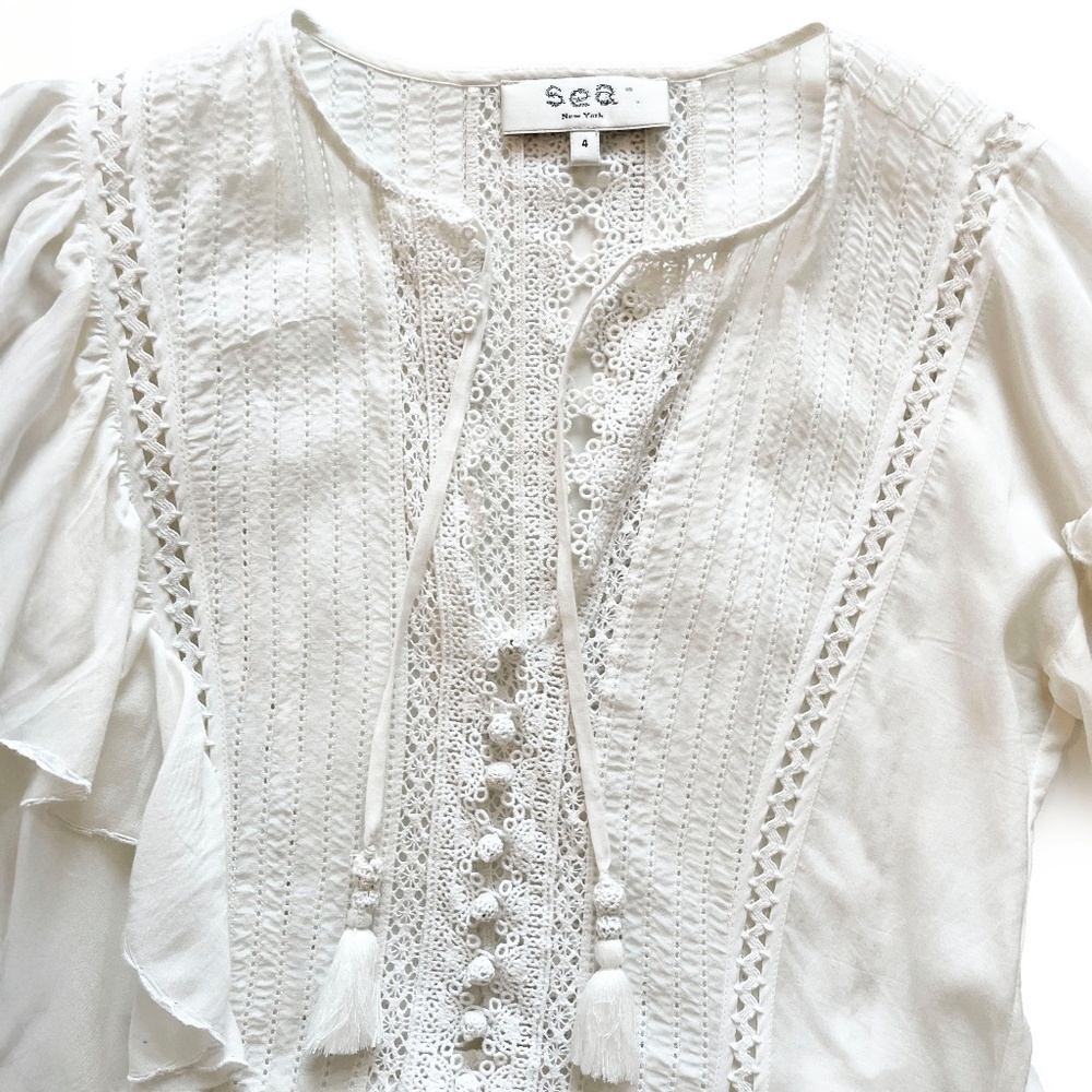 Sea New York Tie Neck Mini Dress White Size 4 Ruffle, Pom-Pom & Tassel Accents - Picture 3 of 14